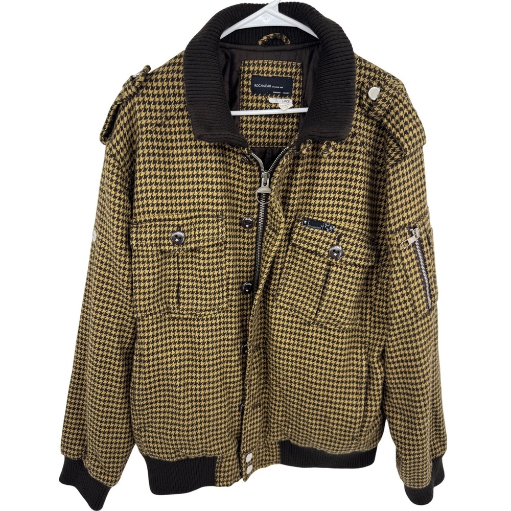 Rocawear Mens Houndstooth Bomber Jacket Brown Yellow Full Zip Large 227A029905